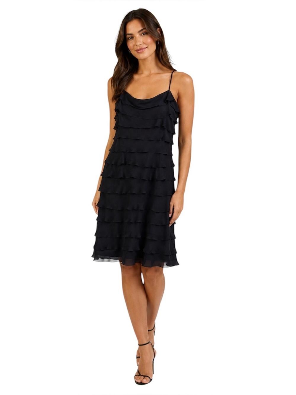 Tadashi Shoji | 100% Silk Ruffle Knee Length Cocktail Dress Y2K Black Size 4